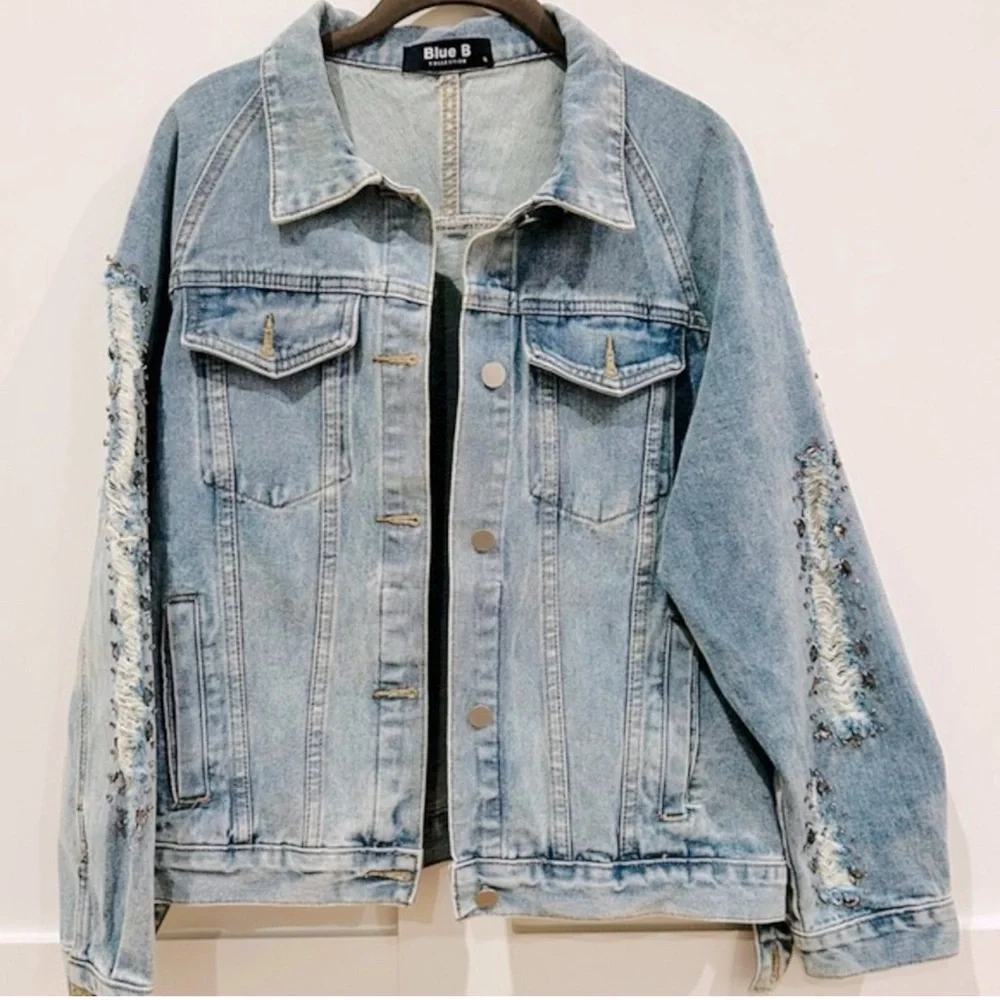 Blue B Collection Embellished Beaded Rhinestone Jean Jacket (L)